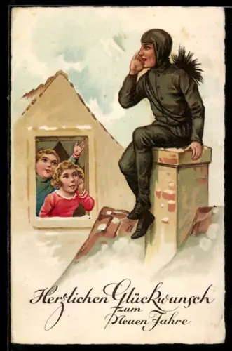 AK Schornsteinfeger lauscht auf dem Schornstein