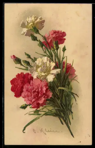 Künstler-AK Catharina Klein: ein Bund weisser, rosa und roter Nelken