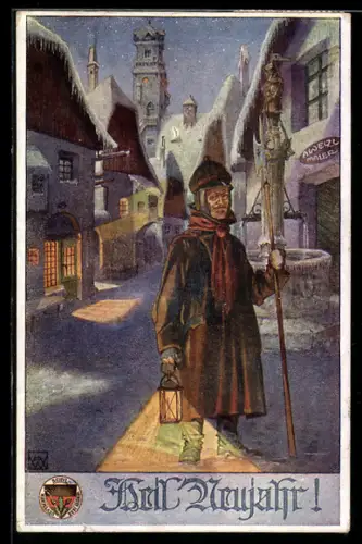 Künstler-AK Karl Alex Wilke: Neujahr, Nachtwächter mit Laterne und Stab, Deutscher Schulverein