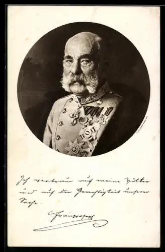 AK Kaiser Franz Josef I. von Österreich präsentiert seine Orden, Spruch