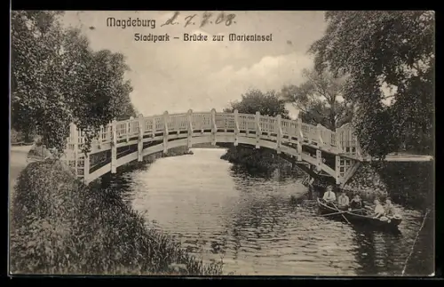AK Magdeburg, Stadtpark, Brücke zur Marieninsel