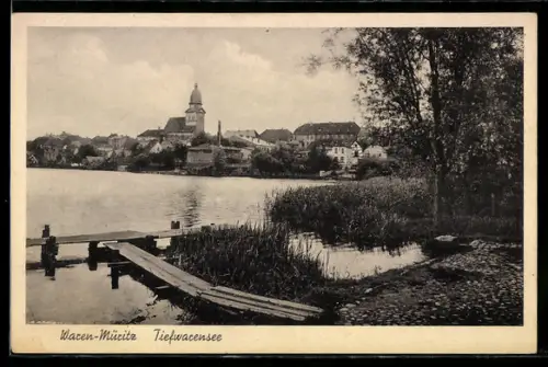 AK Waren-Müritz, Tiefwarensee, Stadtansicht mit Kirche und Seeufer