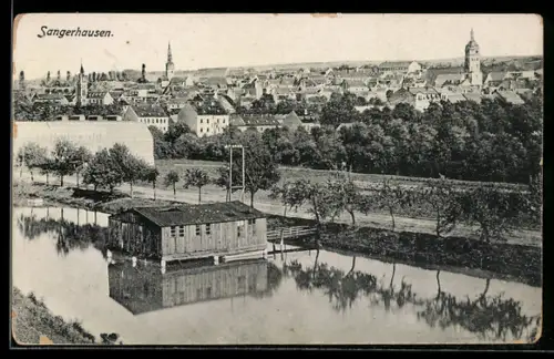 AK Sangerhausen, Stadtansicht mit Fluss und Bootshaus