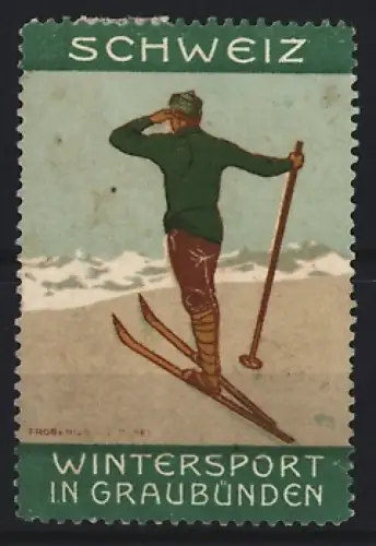 Reklamemarke Schweiz, Wintersport in Graubünden, Skifahrer auf Berggipfel