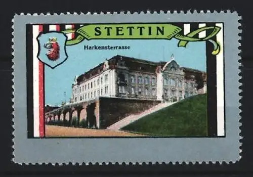Reklamemarke Stettin, Hakenterrasse, Gebäudeansicht mit Wappen
