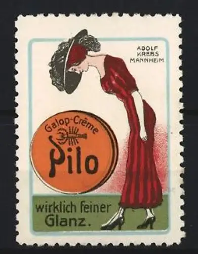 Reklamemarke Mannheim, Adolf Krebs, Galop-Crème Pilo, elegante Dame
