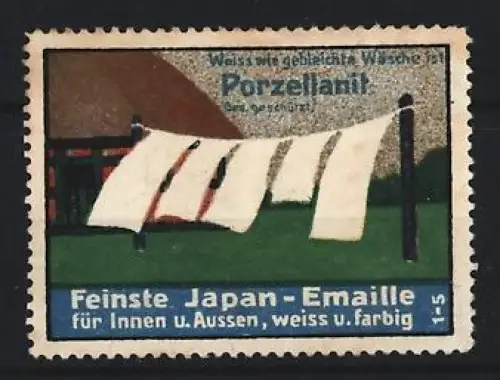 Reklamemarke Porzellanit, Feinste Japan-Emaille, Wäscheleine mit Tüchern