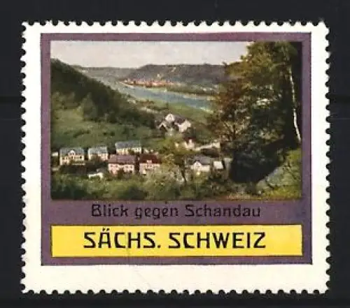 Reklamemarke Sächsische Schweiz, Blick gegen Schandau, Landschaftsansicht mit Elbe