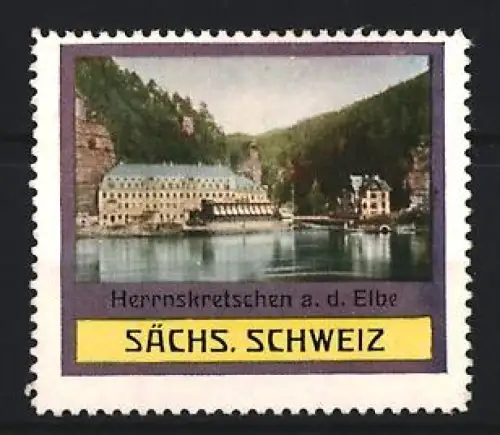 Reklamemarke Herrnskretschen a. d. Elbe, Sächs. Schweiz, Ortsansicht mit Hotel