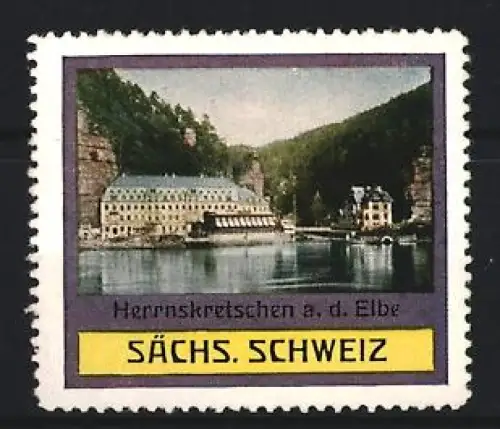Reklamemarke Herrnskretschen a. d. Elbe, Sächs. Schweiz, Ortsansicht mit Hotel