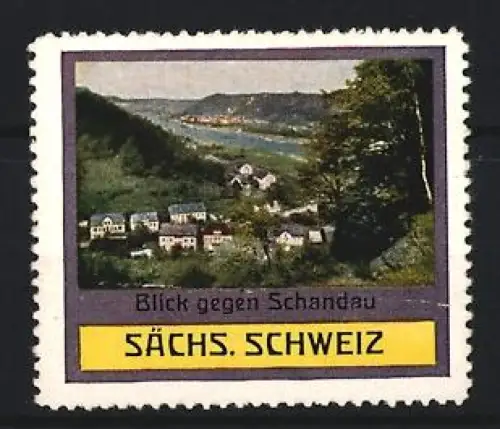 Reklamemarke Schandau /Sächsische Schweiz, Ortsansicht mit Elbe