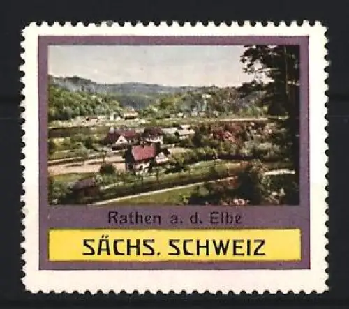 Reklamemarke Rathen a. d. Elbe, Sächs. Schweiz, Ortsansicht