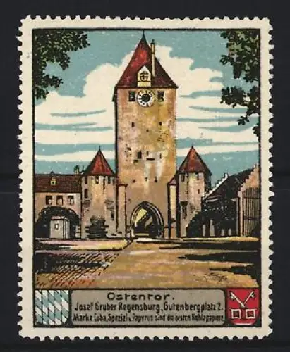 Reklamemarke Regensburg, Josef Gruber Kohlenpapiere, Gutenbergplatz 2, Ostentor