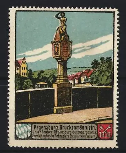 Reklamemarke Regensburg, Josef Gruber Kohlenpapiere, Gutenbergplatz 2, Brückenmännlein