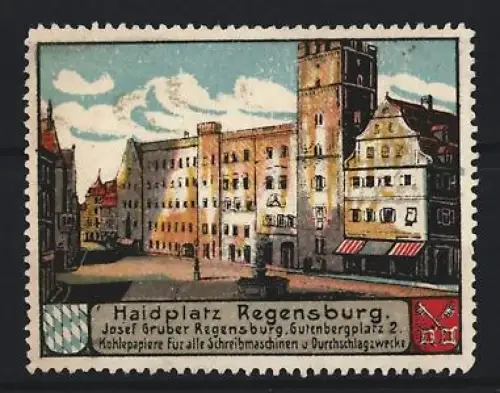 Reklamemarke Regensburg, Josef Gruber Kohlenpapiere, Gutenbergplatz 2, Haidplatz
