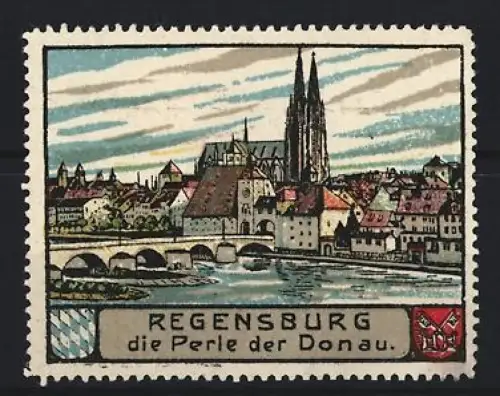 Reklamemarke Regensburg, Die Perle der Donau, Ortsansicht mit Dom und Donau
