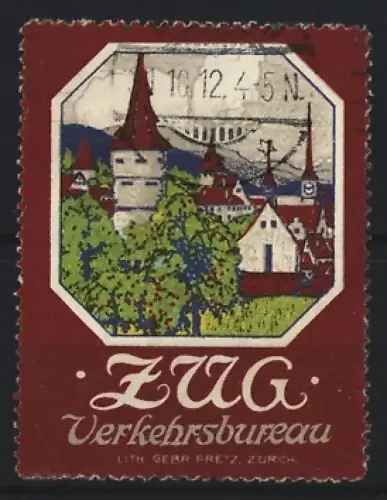 Reklamemarke Zug, Verkehrsbureau, Ortsansicht mit Türmen