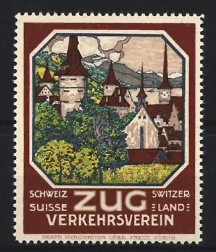 Reklamemarke Schweiz, Zug Verkehrsverein, Ortsansicht mit Türmen