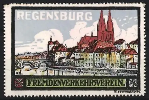 Reklamemarke Regensburg, Fremdenverkehrsverein, Dom und Steinerne Brücke