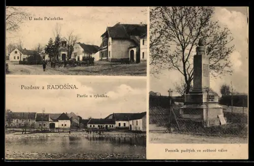 AK Radosín, u sadu Palackého, Partie u rybníka, Pomník padlých ve svetové válce