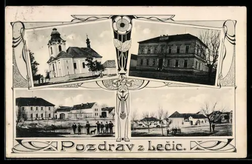 AK Velká Lecice, Kirche, Schule, Strassenpartie