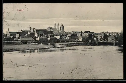 AK Kolín, Panorama mit Kirche