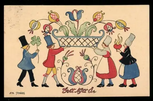 Mini-AK Festgesellschaft mit Kleeblatt und brennendem Herzen