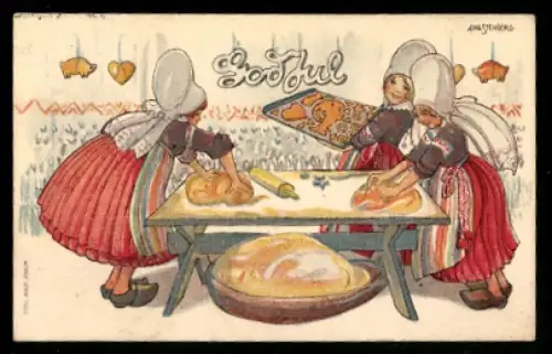 Künstler-Mini-AK sign. Aina Stenberg: Bäckerinnen beim Teigkneten