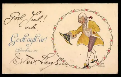 Mini-AK Eleganter Herr zieht seinen Hut und ist von Rosen umgeben