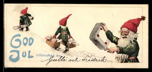 Mini-AK Zwerge marschieren mit Körben durch den Schnee