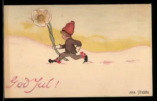 Künstler-Mini-AK sign. Aina Stenberg: Zwerg mit riesiger Blume stapft durch den Schnee