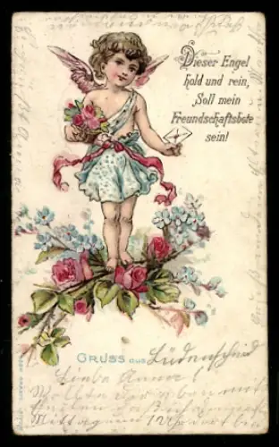 Mini-AK Engel wandert auf Rosen und Vergissmeinnicht mit einem Brief in der Hand