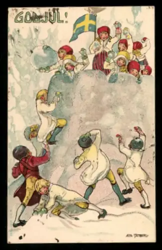 Mini-AK Kinder während einer Schneeballschlacht mit schwedischer Flagge