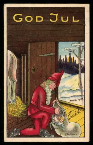 Mini-AK Weihnachtsmann holt im Stall Geschenke aus seinem Sack