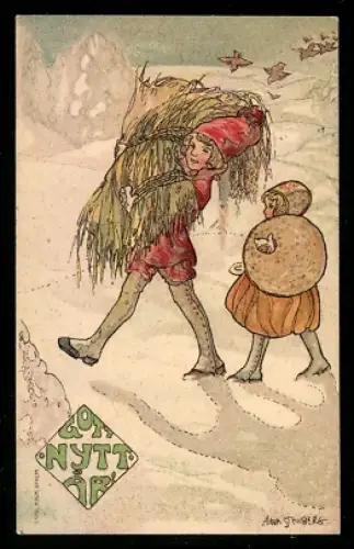 Künstler-Mini-AK sign. Aina Stenberg: Kind trägt Getreide durch eine verschneite Landschaft