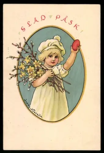 Künstler-Mini-AK sign. Jenny Nyström: Kind hebt ein Osterei in die Luft