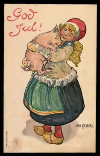 Künstler-Mini-AK sign. Aina Stenberg: Mädchen hält ein Glücksschwein auf dem Arm