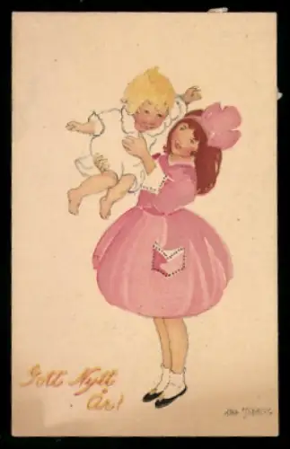 Künstler-Mini-AK sign. Aina Stenberg: Mädchen im pinken Kleid mit einem Kleinkind auf dem Arm