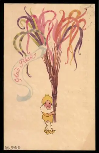 Künstler-Mini-AK sign. Aina Stenberg: Kind trägt Strauss mit lustigen Girlanden