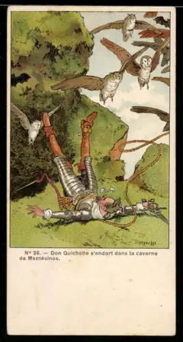 Mini-AK Don Quichotte fällt auf dem Rücken und über ihm fliegen Eulen