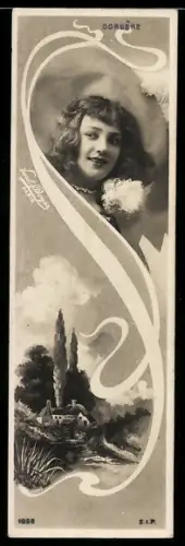 Mini-AK Portrait einer schönen Frau über einer Ortspartie