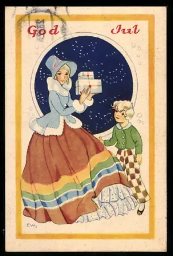 Mini-AK Hübsche Frau mit Geschenken in der Hand steht neben einem Kind