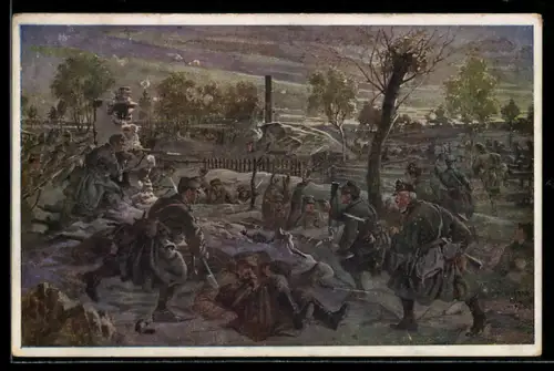 Künstler-AK W. Braun: Deutscher Schulverein Nr. 1041, Kopaljäger erstürmen den Friedhof von Boldury, September 1916