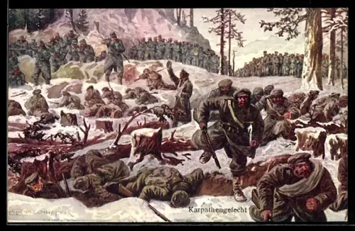 Künstler-AK Österreichische Soldaten im Gefecht mit Russen in den Karpathen