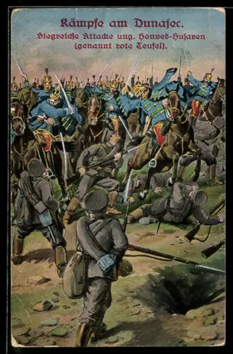 Künstler-AK Dunajec, Siegreiche Attacke ungarischer Honved-Husaren