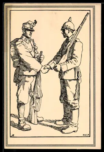 Künstler-AK M.E.F.: Viribus unitis, Deutscher und österr. Soldat, Rotes Kreuz