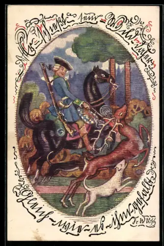 Künstler-AK Jäger mit Horn zu Pferd auf Rehbockjagd