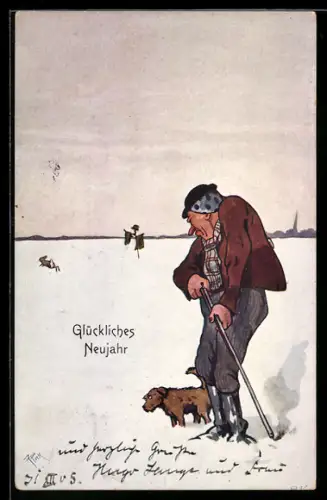 AK Jäger mit Gewehr und Hund im Schnee, Neujahrsgruss