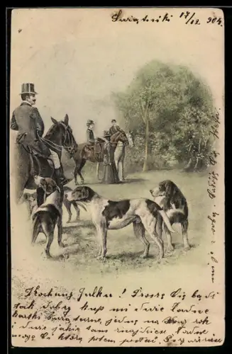 AK Jäger zu Pferde mit Hunden