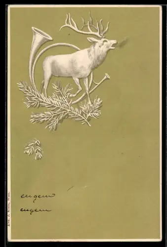 Präge-AK Hirsch im Jagdhorn mit Tannenzweig